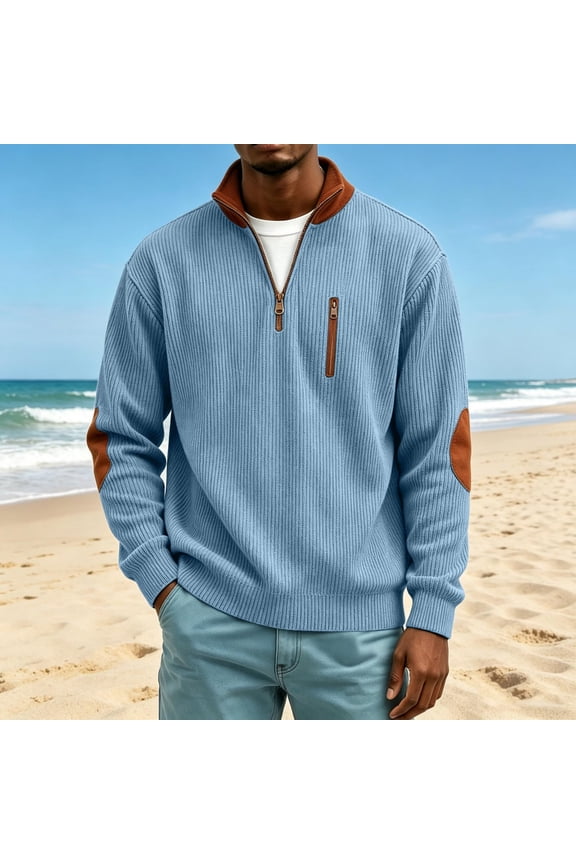 Mens Contrast Sweatshirt Casual Stand Collar Quarter Zip Pullover Fall Winter Corduroy Sweaters Long Sleeve Tops Sky Blue L