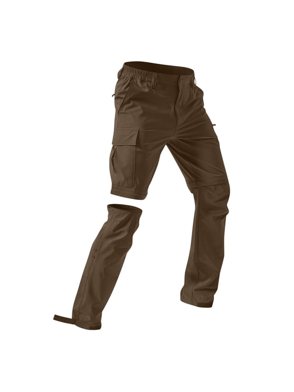 Mens Convertible Zip Off Cargo Pants Shorts, Multi Pocket Loose Fit Elastic Waist Quick Dry Breathable Scratch Resistant Outdoor Hiking Fishing Travel Trousers Brown B L