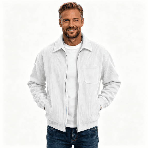 Mens Corduroy Bomber Jacket with Pocekts Casual Full Zip Lapel Long Sleeve Lightweight Shirt Jacekt White L