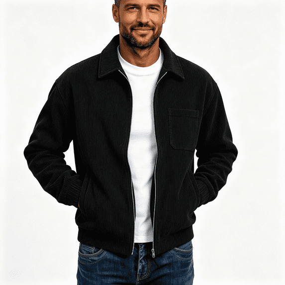 Mens Corduroy Bomber Jacket with Pocekts Full Zip Casual Lightweight Lapel Long Sleeve Shirt Jacekt Black 2XL