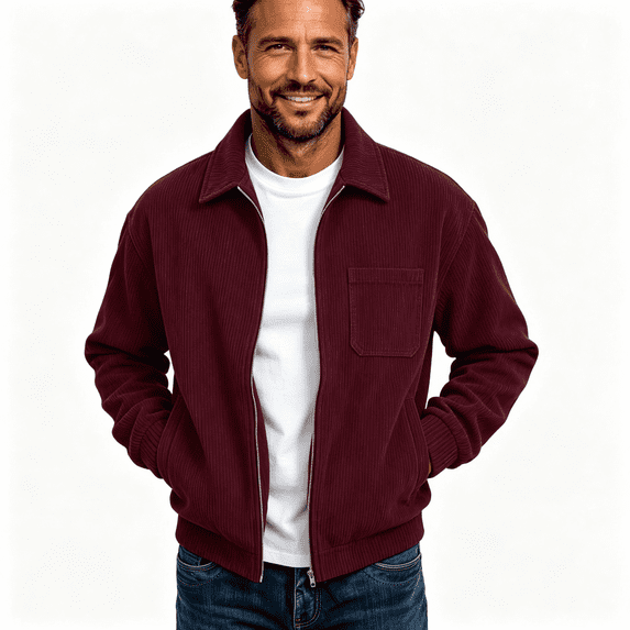 Mens Corduroy Bomber Jacket with Pocekts Lapel Long Sleeve Lightweight Casual Full Zip Shirt Jacekt Red 3XL