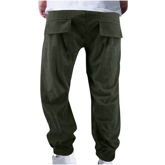 Mens Corduroy Cargo Jogger Pants Elastic Waist Drawstring Multi-Pocket Pants Trendy Casual Work Army Green L