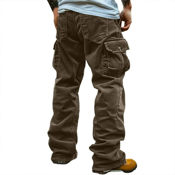 Mens Corduroy Cargo Pants Baggy Elastic Waist Multi Pocket Military Trousers Color: Coffee Size: XXXL