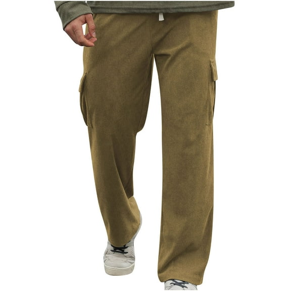 Mens Corduroy Cargo Pants Casual Straight Leg Elastic Elastic Waist Baggy Pant Streetwear Athletic Workout with Pockets (L, Khaki)