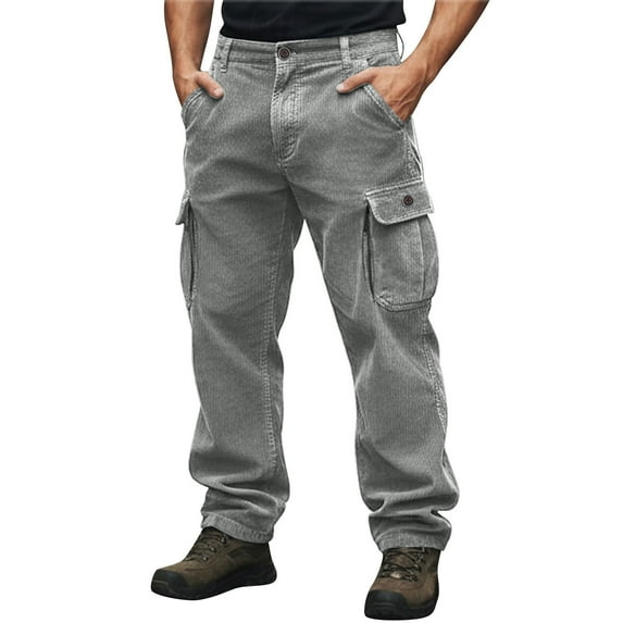 Mens Corduroy Cargo Pants Casual Vintage Zipper Button Straight Leg Loose Fit Workwear Trousers with Multi Pockets (XL, Gray)