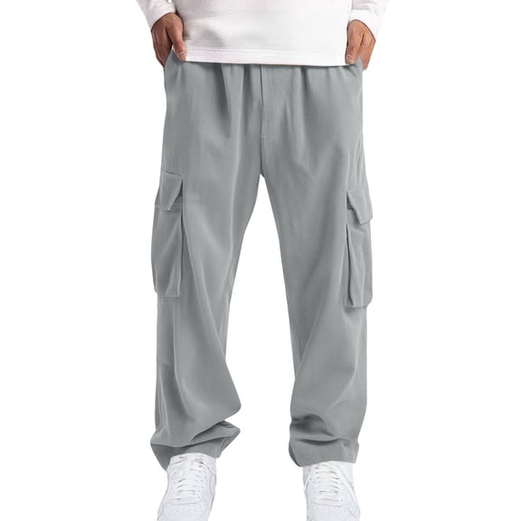 Mens Corduroy Cargo Pants Drawstring Elastic Waist Casual Pants Straight Baggy Sweatpants with Pockets Gray XL