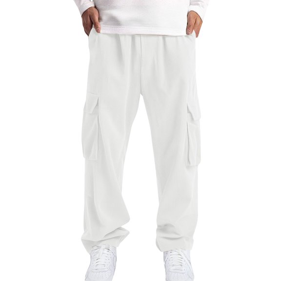 Mens Corduroy Cargo Pants Drawstring Elastic Waist Casual Pants Straight Baggy Sweatpants with Pockets White XL