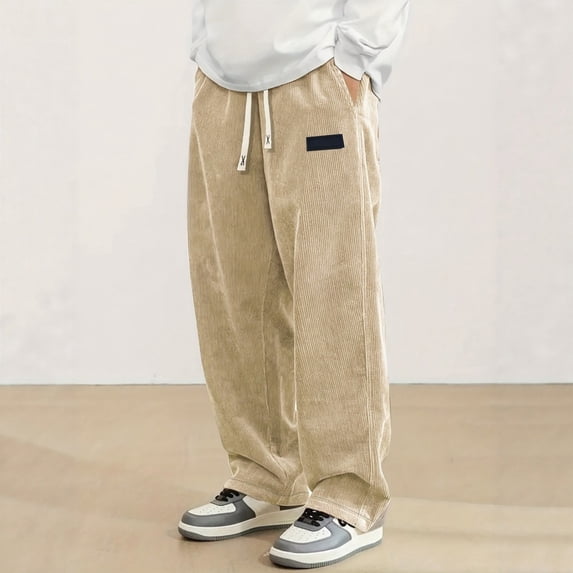 Mens Corduroy Casual Pants Fashion Loose Fit Wide Leg Pants Straight Sweatpants Elastic Waist Drawstring Khaki Size S