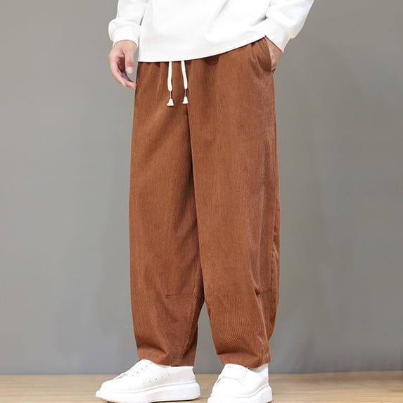Mens Corduroy Casual Pants Fashion Loose Fit Wide Leg Pants Straight Sweatpants Elastic Waist Drawstring Trouser