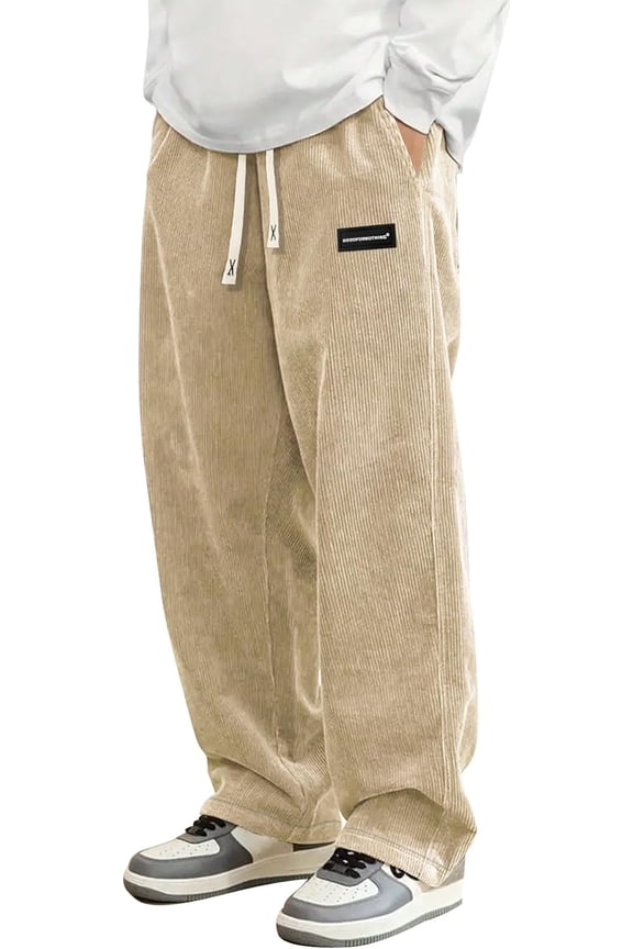 Mens Corduroy Casual Pants Fashion Loose Fit Wide Leg Pants Straight Sweatpants Elastic Waist Drawstring