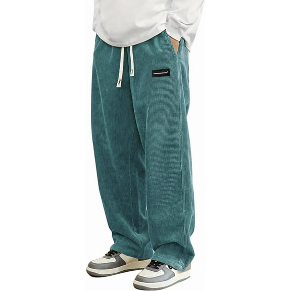 Mens Corduroy Casual Pants Fashion Loose Fit Wide Leg Pants Straight Sweatpants Elastic Waist Drawstring