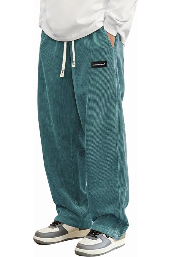 Mens Corduroy Casual Pants Fashion Loose Fit Wide Leg Pants Straight Sweatpants Elastic Waist Drawstring