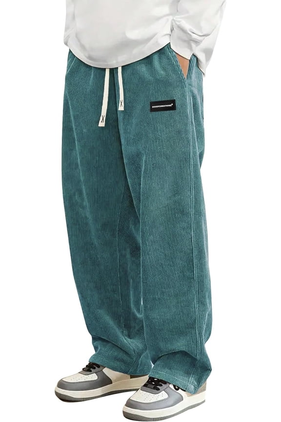 Mens Corduroy Casual Pants Fashion Loose Fit Wide Leg Pants Straight Sweatpants Elastic Waist Drawstring