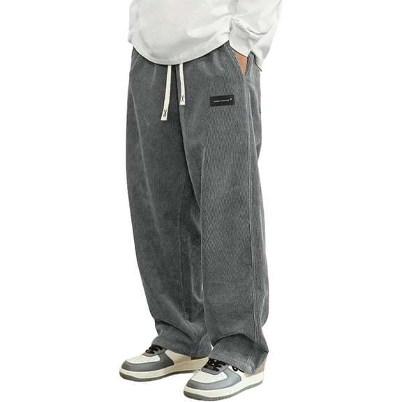 Mens Corduroy Casual Pants Fashion Loose Fit Wide Leg Pants Straight Sweatpants Elastic Waist Drawstring