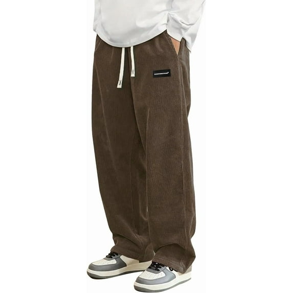 Mens Corduroy Casual Pants Fashion Loose Fit Wide Leg Pants Straight Sweatpants Elastic Waist Drawstring