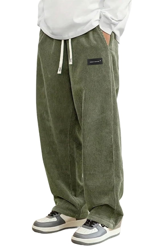 Mens Corduroy Casual Pants Fashion Loose Fit Wide Leg Pants Straight Sweatpants Elastic Waist Drawstring