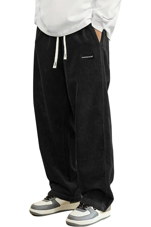 Mens Corduroy Casual Pants Fashion Loose Fit Wide Leg Pants Straight Sweatpants Elastic Waist Drawstring