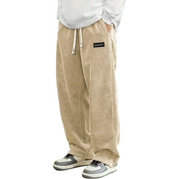 Mens Corduroy Casual Pants Fashion Loose Fit Wide Leg Pants Straight Sweatpants Elastic Waist Drawstring