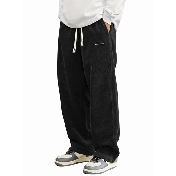 Mens Corduroy Casual Pants Fashion Loose Fit Wide Leg Straight Sweatpants Elastic Waist Drawstring Black XXL