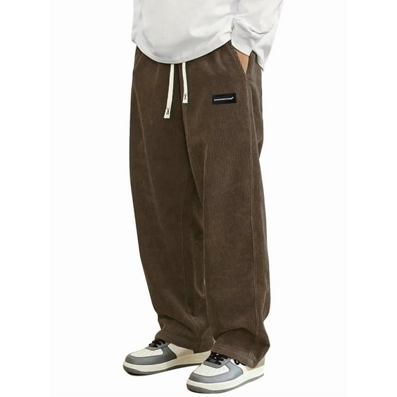 Mens Corduroy Casual Pants Fashion Loose Fit Wide Leg Straight Sweatpants Elastic Waist Drawstring Brown M