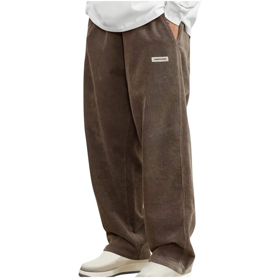 Mens Corduroy Casual Pants Fashion Loose Fit Wide Leg Straight Sweatpants Elastic Waist Drawstring
