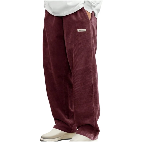 Mens Corduroy Casual Pants Fashion Loose Fit Wide Leg Straight Sweatpants Elastic Waist Drawstring