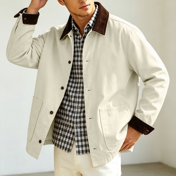 Mens Corduroy Chore Jacket Lightweight Contrast Point Collar Button Front Casual Coat with Patch Pockets Long Sleeve Fall Outerwear