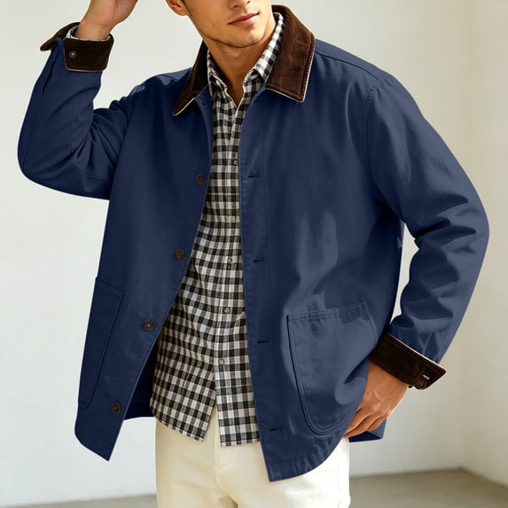Mens Corduroy Chore Jacket Lightweight Contrast Point Collar Button Front Casual Coat with Patch Pockets Long Sleeve Fall Outerwear