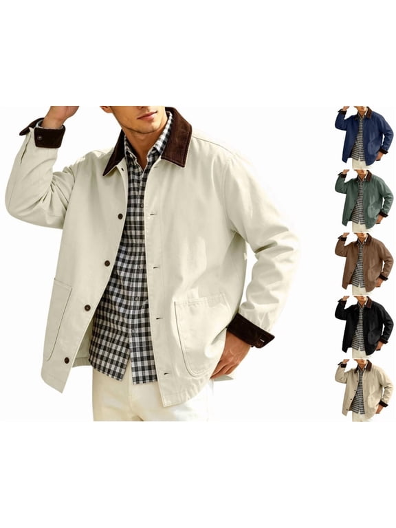 Mens Corduroy Chore Jacket Lightweight Contrast Point Collar Button Front Casual Coat with Patch Pockets Long Sleeve Fall Outerwear