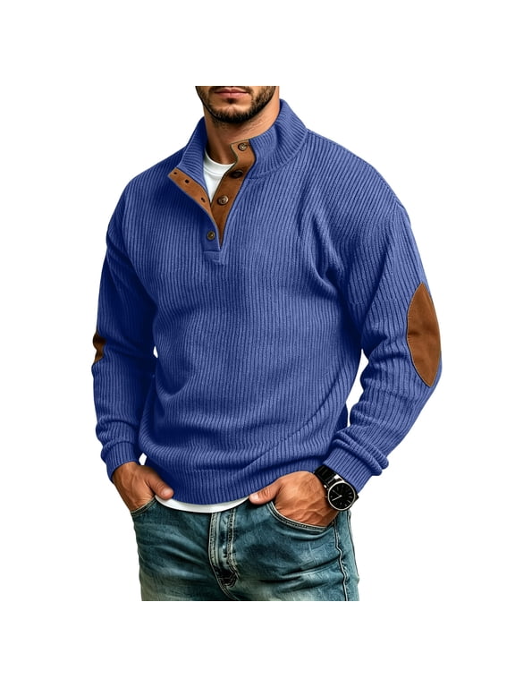 Mens Corduroy Henley Sweatshirt Stand Collar Elbow Patch Top S