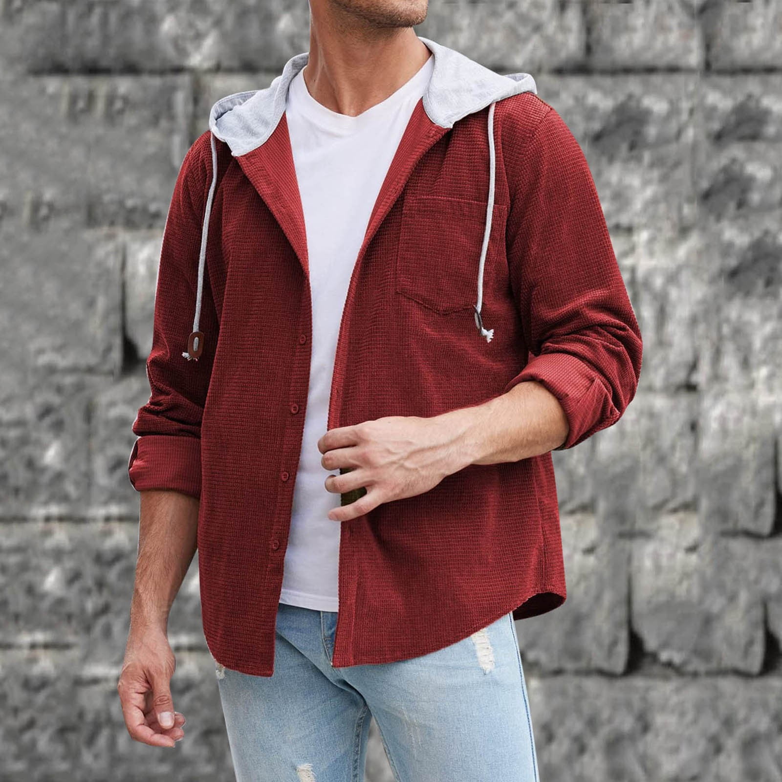Mens Corduroy Hoodie Long Sleeve Fashion Button Down Shirt Jacket Coat Yutnsbel