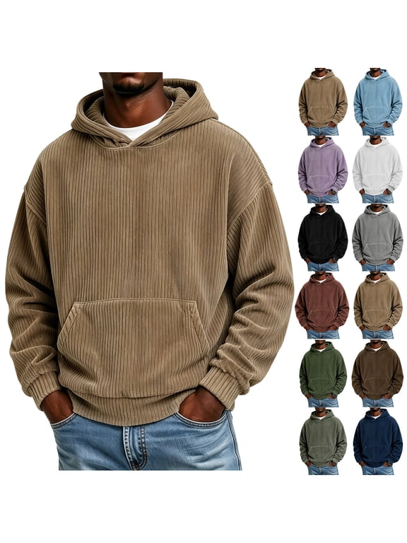 Mens Corduroy Hoodies Long Sleeve Striped Hooded Sweatshirt for Men Casual Baggy Pullover Hoodie Fall Winter Clothes