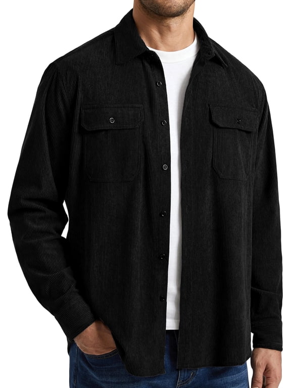 Men's Black Corduroy Jacket Long Sleeve Button Down Shirts Casual Shirt Jackets with Flap Pockets 2XL