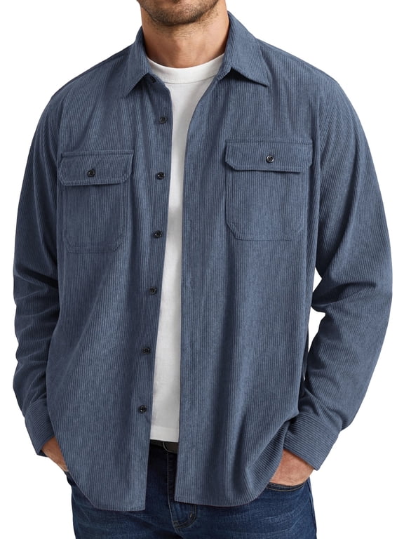 Mens Corduroy Jacket Shirt Long Sleeve Button Down Shirt Work Casual Jacket With Chest Flap Pocket
