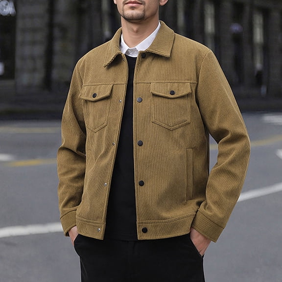 Mens Corduroy Jacket Long Sleeve Trucker Jacket Button Down Cargo Cardigans Collared Fall Barn Jackets with Pockets