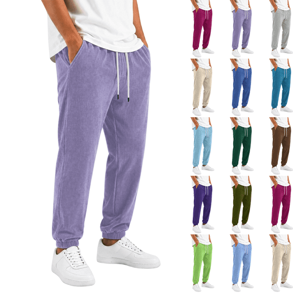 Mens Corduroy Jogger Pants Elastic Drawstring Waist Jogging Trousers Multi Pockets Casual Pants