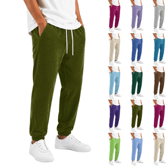 Mens Corduroy Jogger Pants Elastic Drawstring Waist Jogging Trousers Multi Pockets Casual Pants