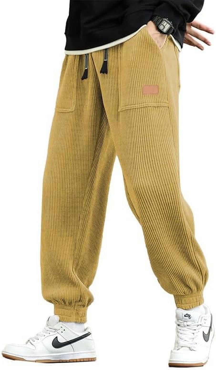 Mens Corduroy Joggers Pants Casual Cargo Pants Drawstring Elastic Waist