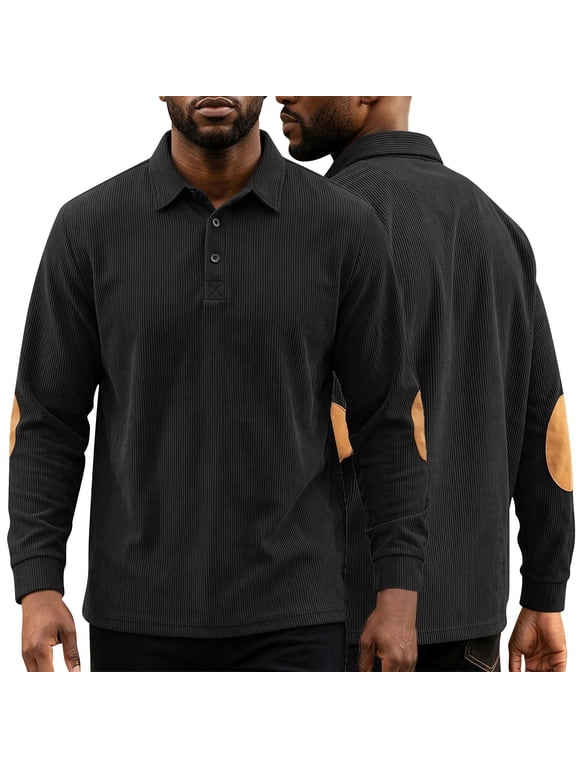 Mens Corduroy Long Sleeve Polo Shirt Elbow Patches Casual Button Collar Henley Pullover Top Suitable for Golf Daily Commuting Black L