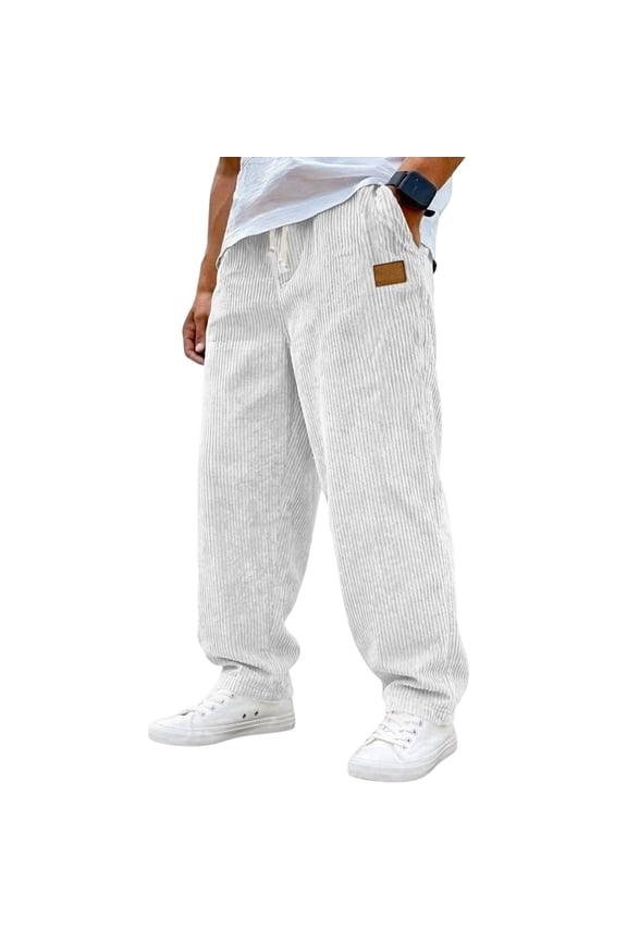 Mens Corduroy Loose Fit Trousers Drawstring Waist Casual Straight Leg Pants with Patchwork Design for Everyday Wear White 3XL