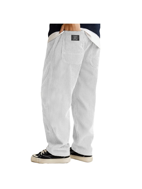 Mens Corduroy Loose Fit Trousers Straight Leg Casual Pants With Patch Pockets And Elastic Waistband For Daily Wear