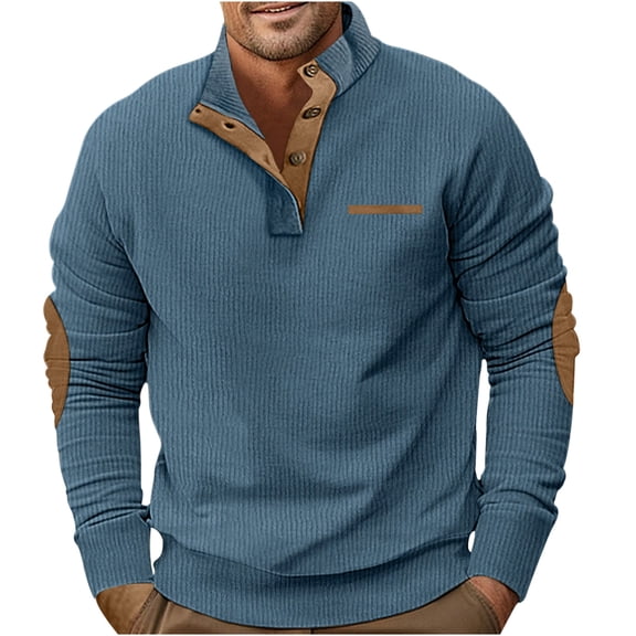 Mens Corduroy Mock Neck Pullovers Shirts Vintage Colorblock Button Up Long Sleeve Sweatshirts Casual Outwear Jackets
