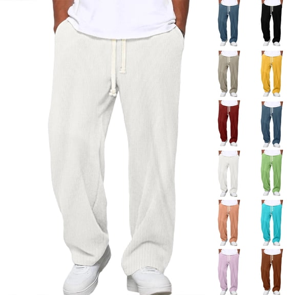 Mens Corduroy Pants Casual Baggy Pants Wide Leg Loose Fit Joggers Sweatpants Elastic Waist Drawstring with Pockets White L