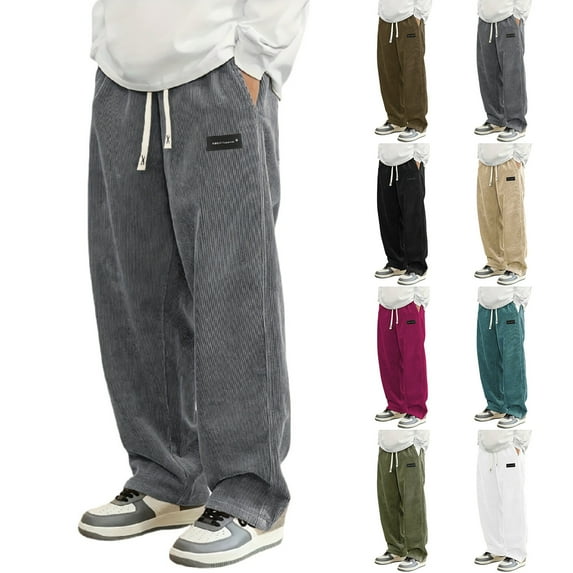 Mens Corduroy Pants Casual Fashion Loose Fit Wide Leg Pants Elastic Waist Straight Sweatpants with Drawstring, #05 Grey, Size M