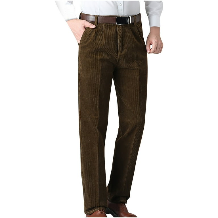 Mens Corduroy Pants Casual Straight Leg Pleated Dress Pants Slim