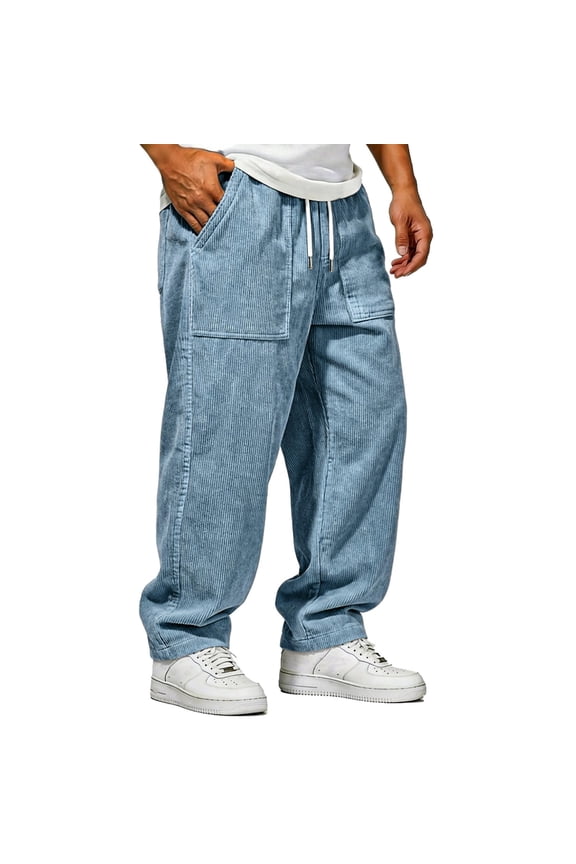 Mens Corduroy Pants Elastic Waist Straight Leg Casual Pleated Pants with Pockets Sky Blue L