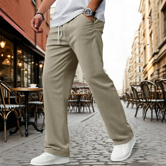 Mens Corduroy Pants Elastic Waist Straight Leg Casual Pleated Pants with Pockets