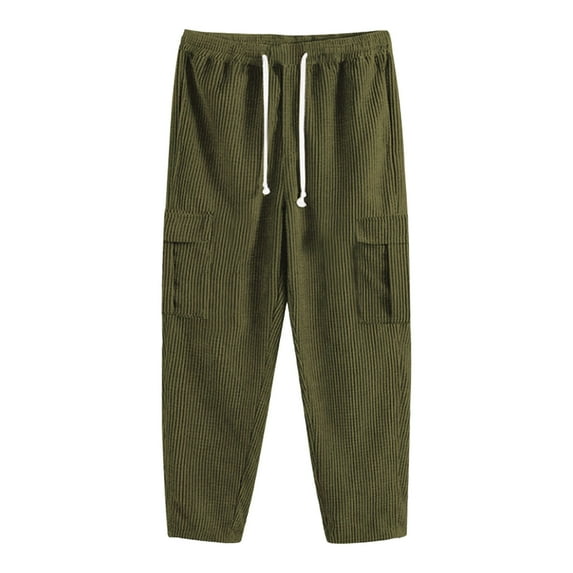 Mens Corduroy Pants Fashion Casual Loose Straight Leg Pants Elastic Waist Drawstring Solid Color Trousers Army Green S