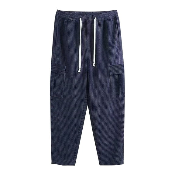 Mens Corduroy Pants Fashion Casual Loose Straight Leg Pants Elastic Waist Drawstring Solid Color Trousers Navy L