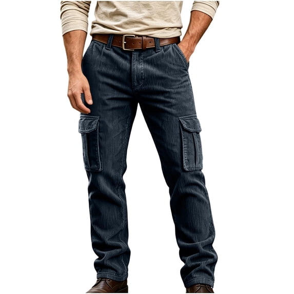 Mens Corduroy Pants Straight Wide Leg Button Work Pants Vintage Cargo Pants with Multi Pockets for Streetwear
